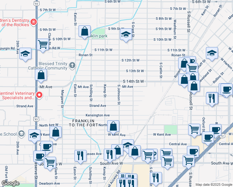 map of restaurants, bars, coffee shops, grocery stores, and more near 1645 S Johnson St in Missoula