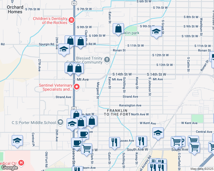 map of restaurants, bars, coffee shops, grocery stores, and more near 2302 Burlington Avenue in Missoula