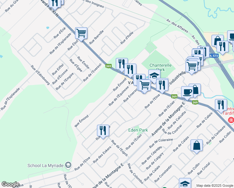 map of restaurants, bars, coffee shops, grocery stores, and more near 1398 Rue de l'Équinoxe in Québec