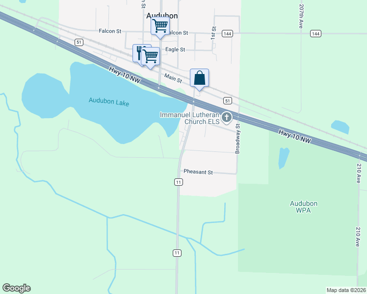 map of restaurants, bars, coffee shops, grocery stores, and more near County Highway 11 in Audubon