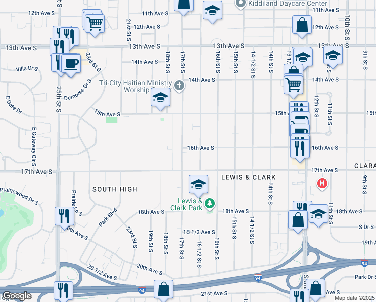 map of restaurants, bars, coffee shops, grocery stores, and more near 1602 17th Street South in Fargo