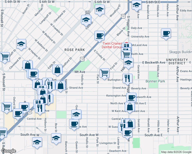 map of restaurants, bars, coffee shops, grocery stores, and more near 1619 Park Street in Missoula