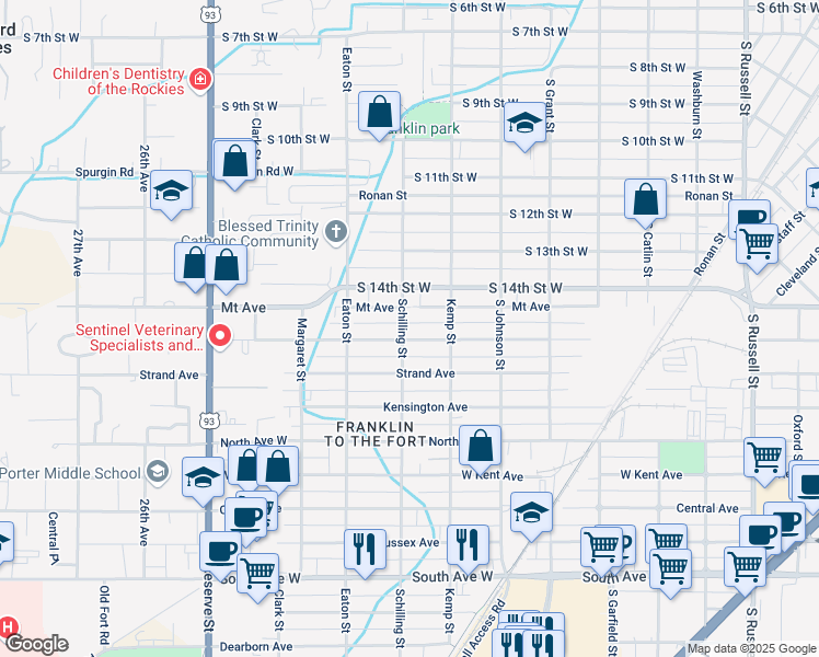 map of restaurants, bars, coffee shops, grocery stores, and more near 1618 Schilling Street in Missoula