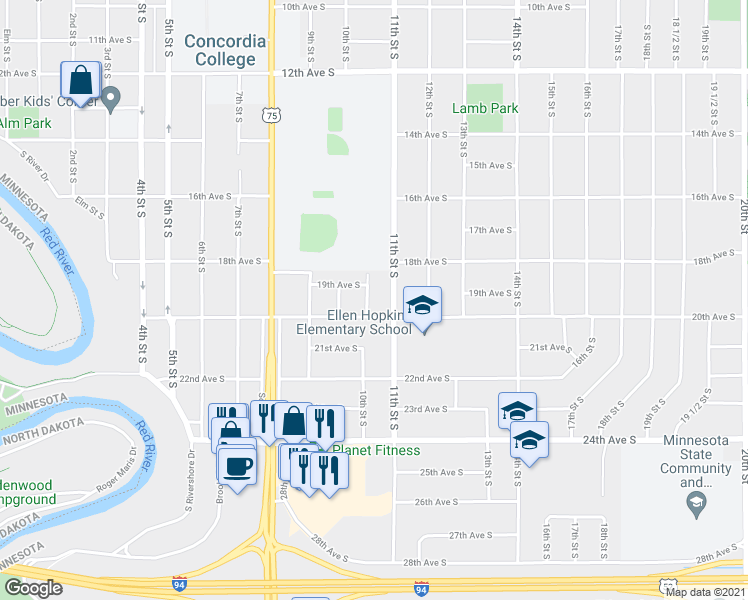 map of restaurants, bars, coffee shops, grocery stores, and more near 1914 Centre Square in Moorhead