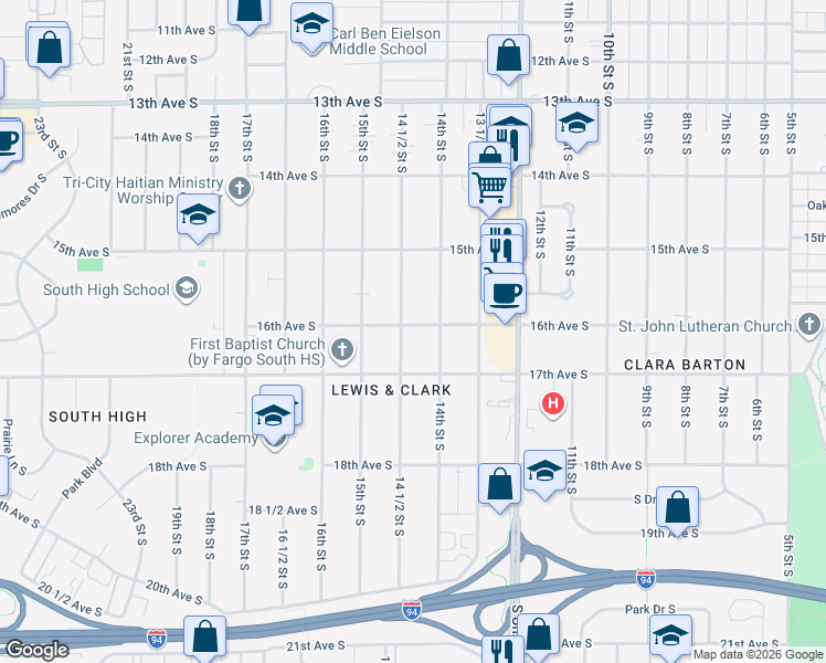 map of restaurants, bars, coffee shops, grocery stores, and more near 1602 14 1/2 Street South in Fargo