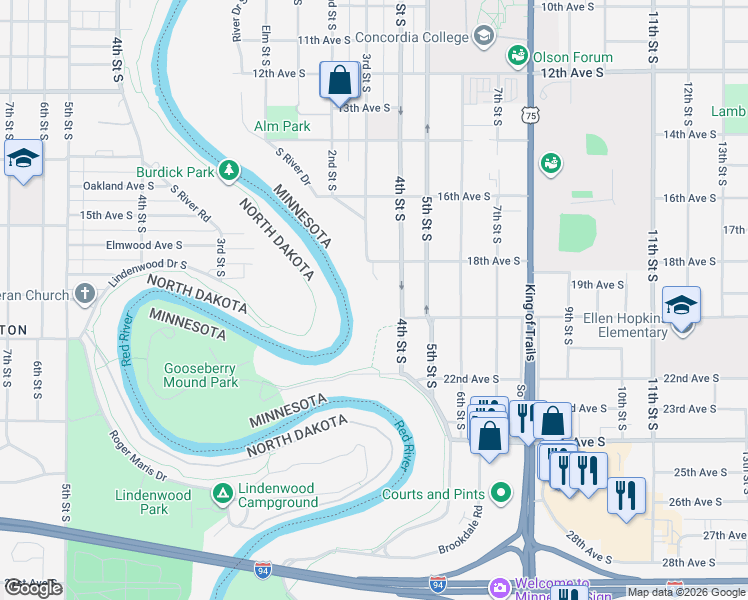 map of restaurants, bars, coffee shops, grocery stores, and more near 1905 4th Street South in Moorhead