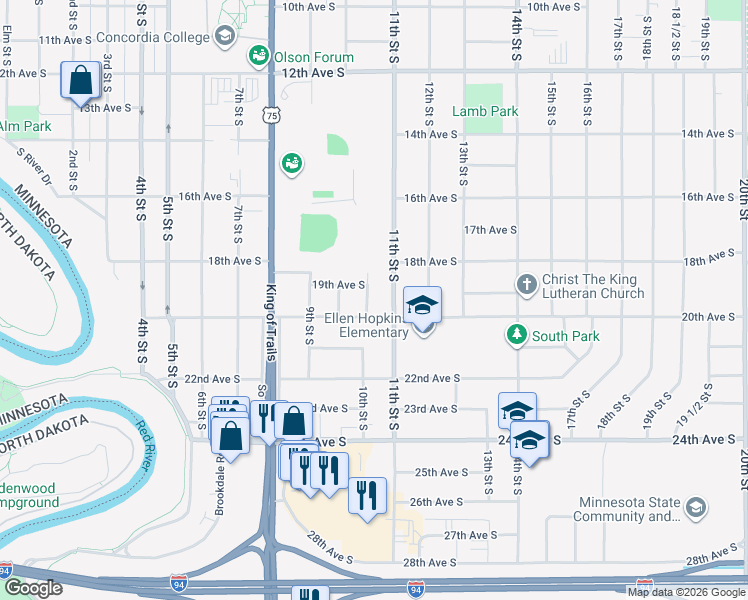 map of restaurants, bars, coffee shops, grocery stores, and more near 1914 Centre Square in Moorhead
