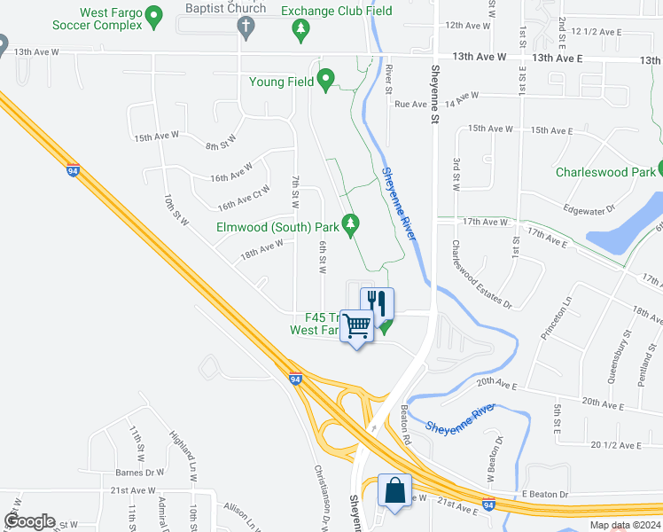 map of restaurants, bars, coffee shops, grocery stores, and more near 1833 6th Street West in West Fargo