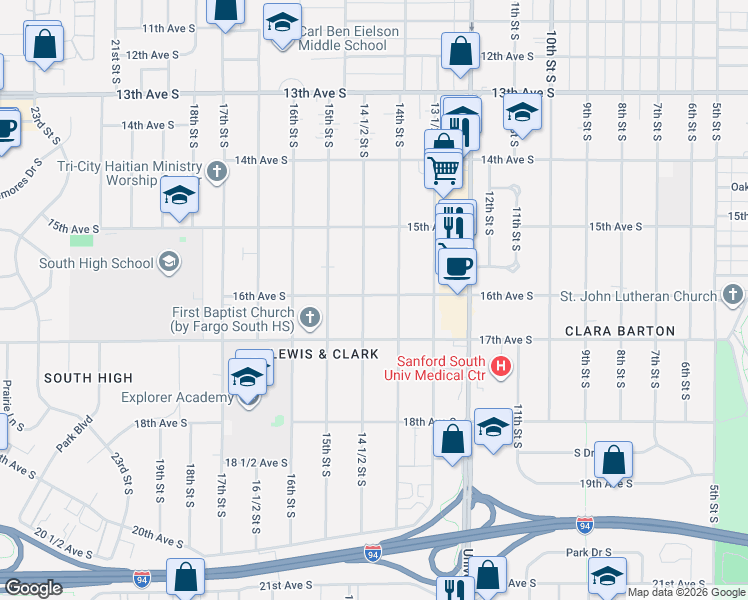 map of restaurants, bars, coffee shops, grocery stores, and more near 1602 14 1/2 Street South in Fargo