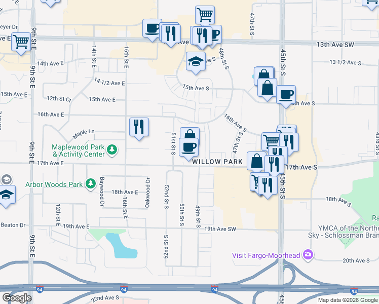 map of restaurants, bars, coffee shops, grocery stores, and more near in Fargo