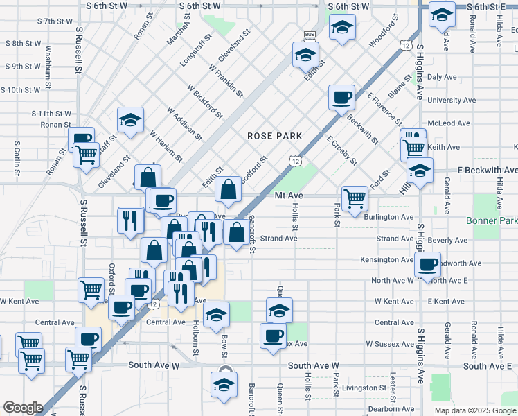 map of restaurants, bars, coffee shops, grocery stores, and more near 910 Brooks Street in Missoula