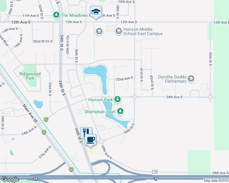 map of restaurants, bars, coffee shops, grocery stores, and more near 2314 38th Street South in Moorhead