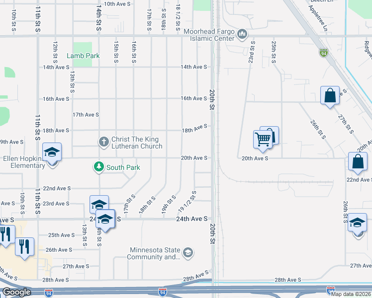 map of restaurants, bars, coffee shops, grocery stores, and more near 1906 19th Street South in Moorhead