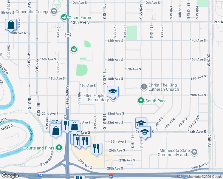 map of restaurants, bars, coffee shops, grocery stores, and more near 1907 12th Street South in Moorhead