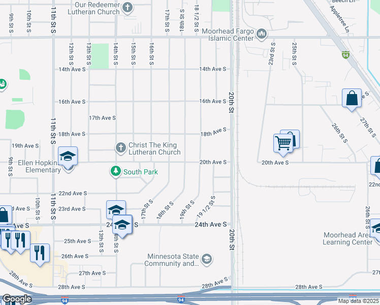 map of restaurants, bars, coffee shops, grocery stores, and more near 1906 18th Street South in Moorhead