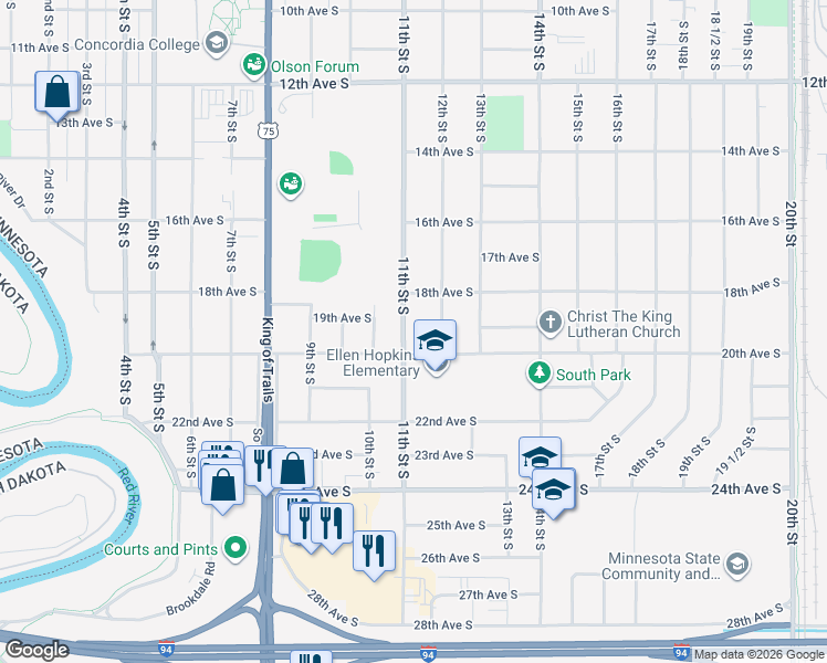 map of restaurants, bars, coffee shops, grocery stores, and more near 1907 12th Street South in Moorhead