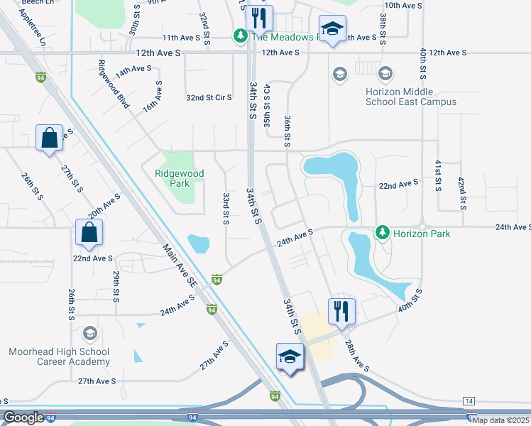 map of restaurants, bars, coffee shops, grocery stores, and more near 2227 35th Street South Circle in Moorhead