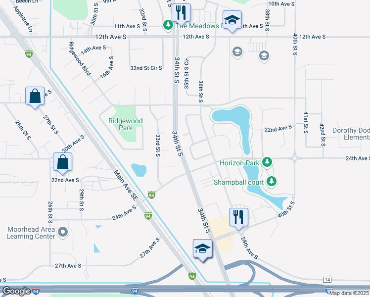 map of restaurants, bars, coffee shops, grocery stores, and more near 2227 35th Street South Circle in Moorhead