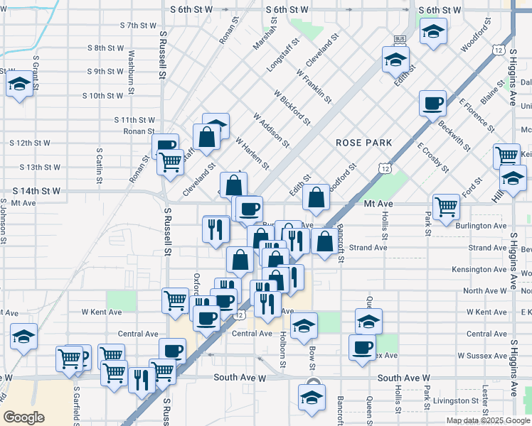 map of restaurants, bars, coffee shops, grocery stores, and more near 1600 Stephens Avenue in Missoula