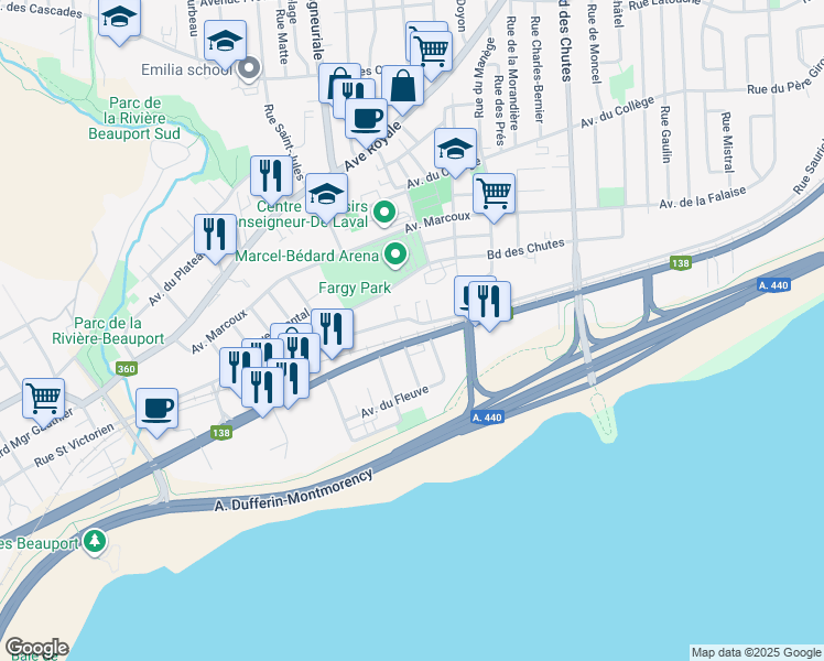 map of restaurants, bars, coffee shops, grocery stores, and more near 120 Rue Sauriol in Québec