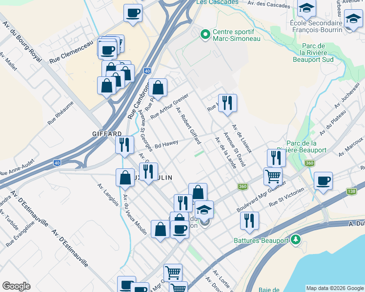 map of restaurants, bars, coffee shops, grocery stores, and more near 3355 Rue Joncas in Québec