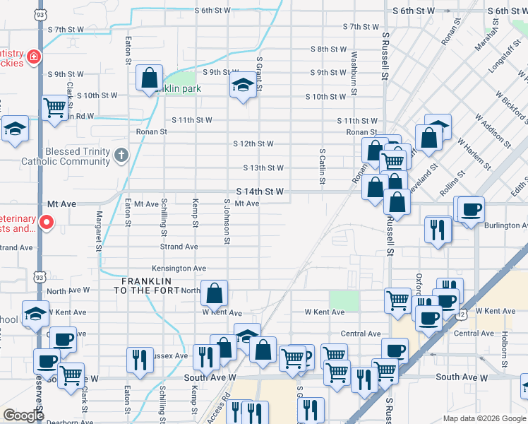 map of restaurants, bars, coffee shops, grocery stores, and more near 1840 Burlington Avenue in Missoula