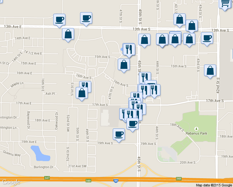 map of restaurants, bars, coffee shops, grocery stores, and more near 1602 47th Street South in Fargo