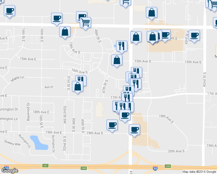 map of restaurants, bars, coffee shops, grocery stores, and more near 1602 47th Street South in Fargo