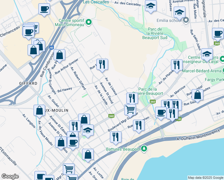 map of restaurants, bars, coffee shops, grocery stores, and more near 2325 Avenue de Lisieux in Québec