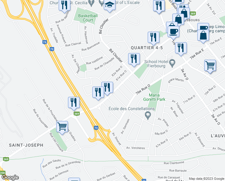 map of restaurants, bars, coffee shops, grocery stores, and more near 551 Boulevard Louis-XIV in Québec