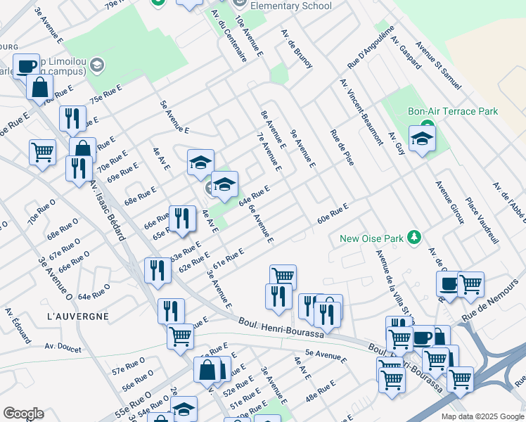 map of restaurants, bars, coffee shops, grocery stores, and more near 610 63e Rue Est in Québec