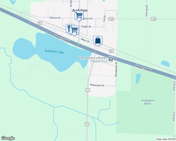 map of restaurants, bars, coffee shops, grocery stores, and more near 310 County Highway 11 in Audubon