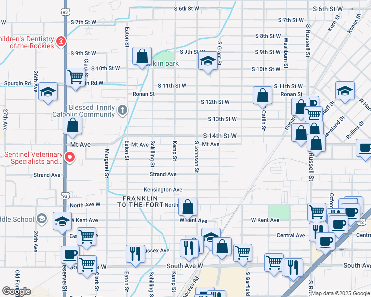map of restaurants, bars, coffee shops, grocery stores, and more near 1645 South Johnson Street in Missoula