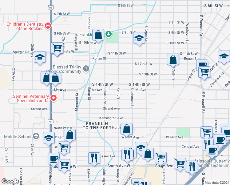 map of restaurants, bars, coffee shops, grocery stores, and more near 1640 Kemp Street in Missoula