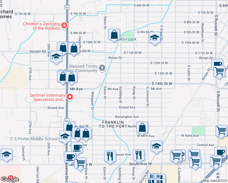 map of restaurants, bars, coffee shops, grocery stores, and more near 2236 1/2 Burlington Avenue in Missoula
