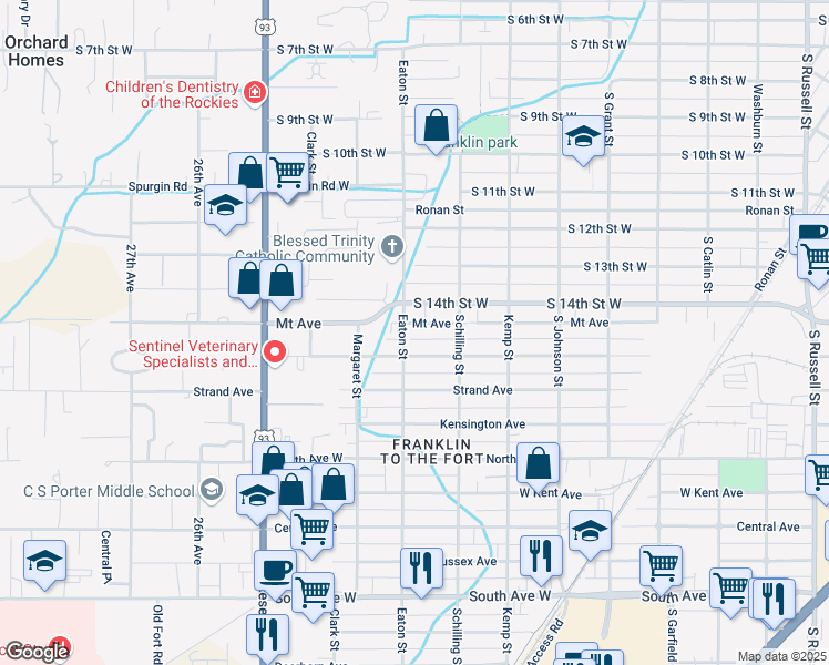 map of restaurants, bars, coffee shops, grocery stores, and more near 2302 Burlington Avenue in Missoula