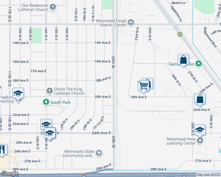 map of restaurants, bars, coffee shops, grocery stores, and more near 322 Clearview Court in Moorhead