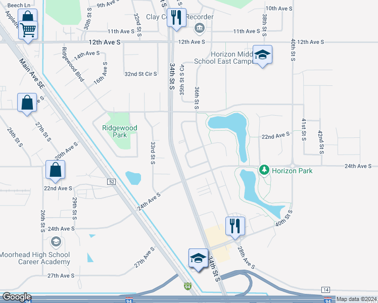 map of restaurants, bars, coffee shops, grocery stores, and more near 2011 35th Street South Circle in Moorhead
