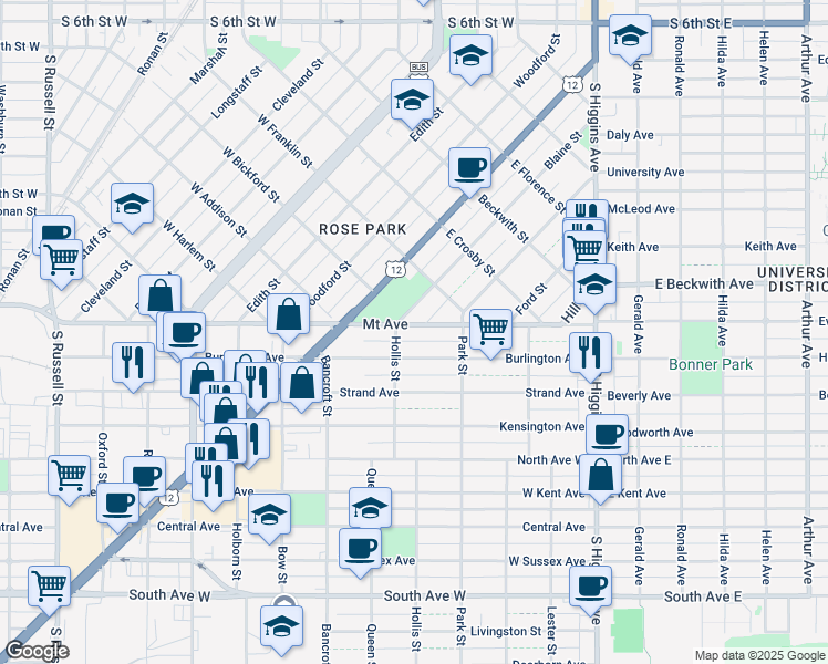 map of restaurants, bars, coffee shops, grocery stores, and more near 331 Mount Avenue in Missoula