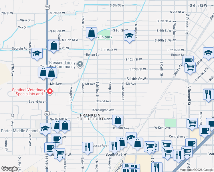 map of restaurants, bars, coffee shops, grocery stores, and more near 1640 Kemp Street in Missoula