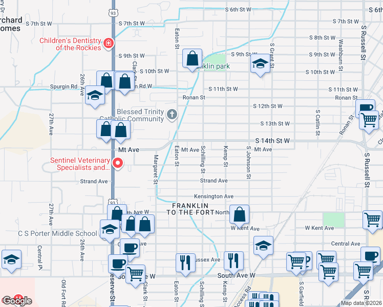 map of restaurants, bars, coffee shops, grocery stores, and more near 2236 1/2 Burlington Avenue in Missoula