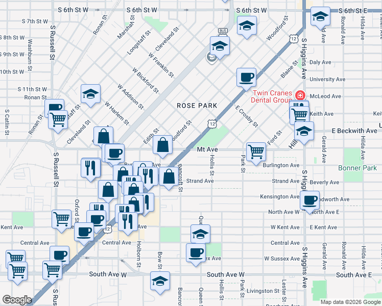 map of restaurants, bars, coffee shops, grocery stores, and more near 910 Brooks Street in Missoula