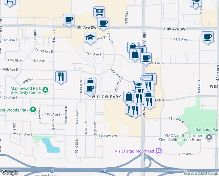map of restaurants, bars, coffee shops, grocery stores, and more near 4730 16th Avenue South in Fargo