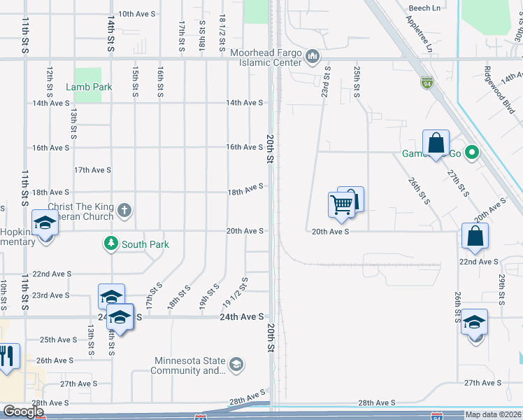 map of restaurants, bars, coffee shops, grocery stores, and more near 1901 20th Street in Moorhead