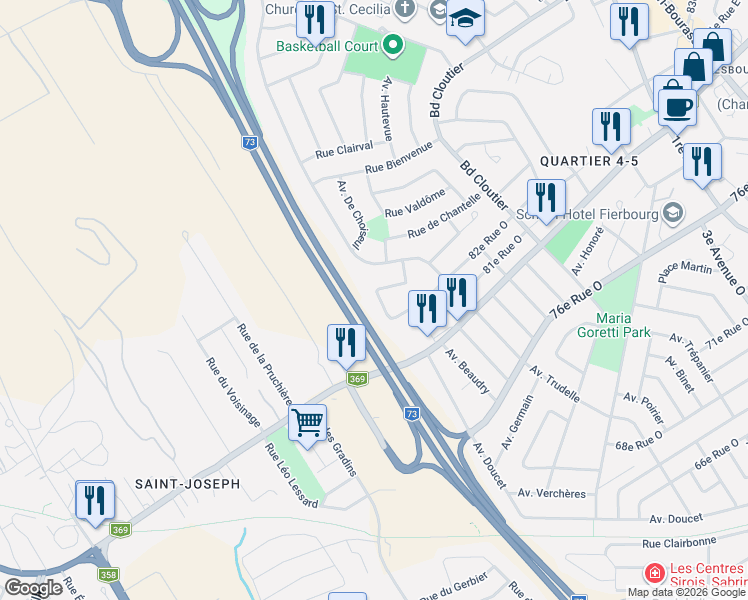 map of restaurants, bars, coffee shops, grocery stores, and more near 8265 Rue de Colombelles in Québec City