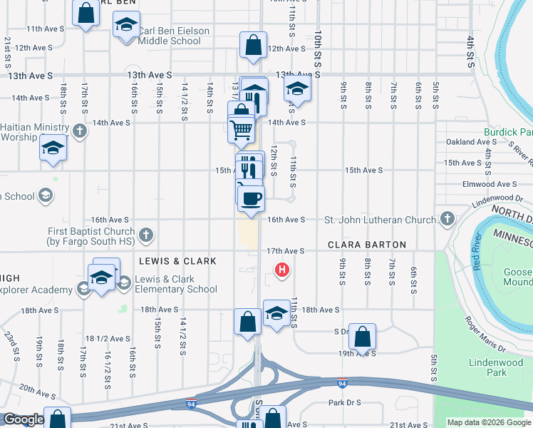 map of restaurants, bars, coffee shops, grocery stores, and more near 1602 South University Drive in Fargo