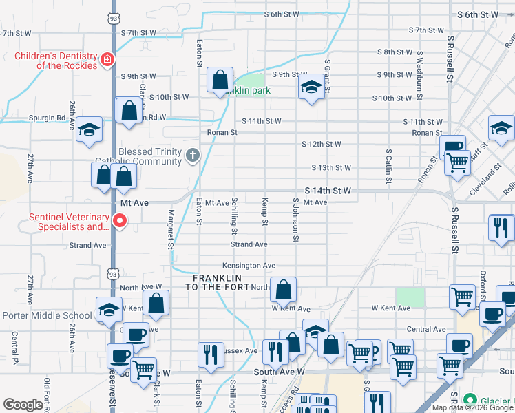 map of restaurants, bars, coffee shops, grocery stores, and more near 2115 Mount Avenue in Missoula