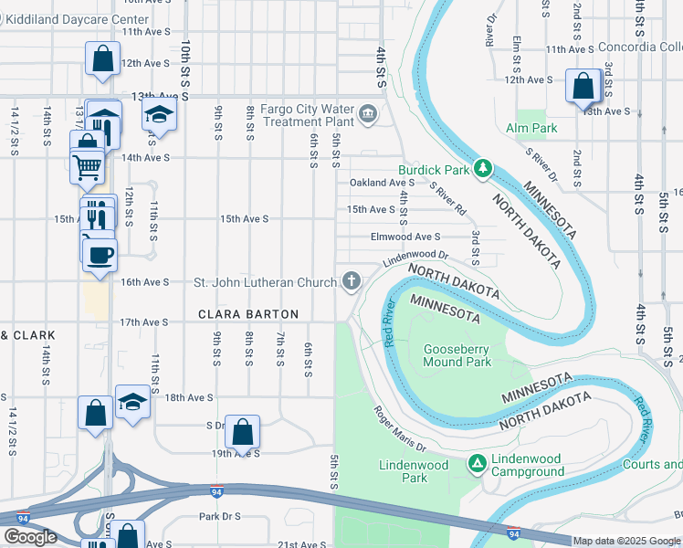 map of restaurants, bars, coffee shops, grocery stores, and more near 1608 5th Street South in Fargo