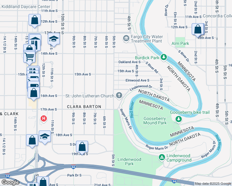 map of restaurants, bars, coffee shops, grocery stores, and more near 1608 5th Street South in Fargo