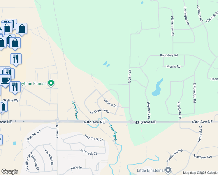 map of restaurants, bars, coffee shops, grocery stores, and more near 2416 Pointe Loop in Bismarck